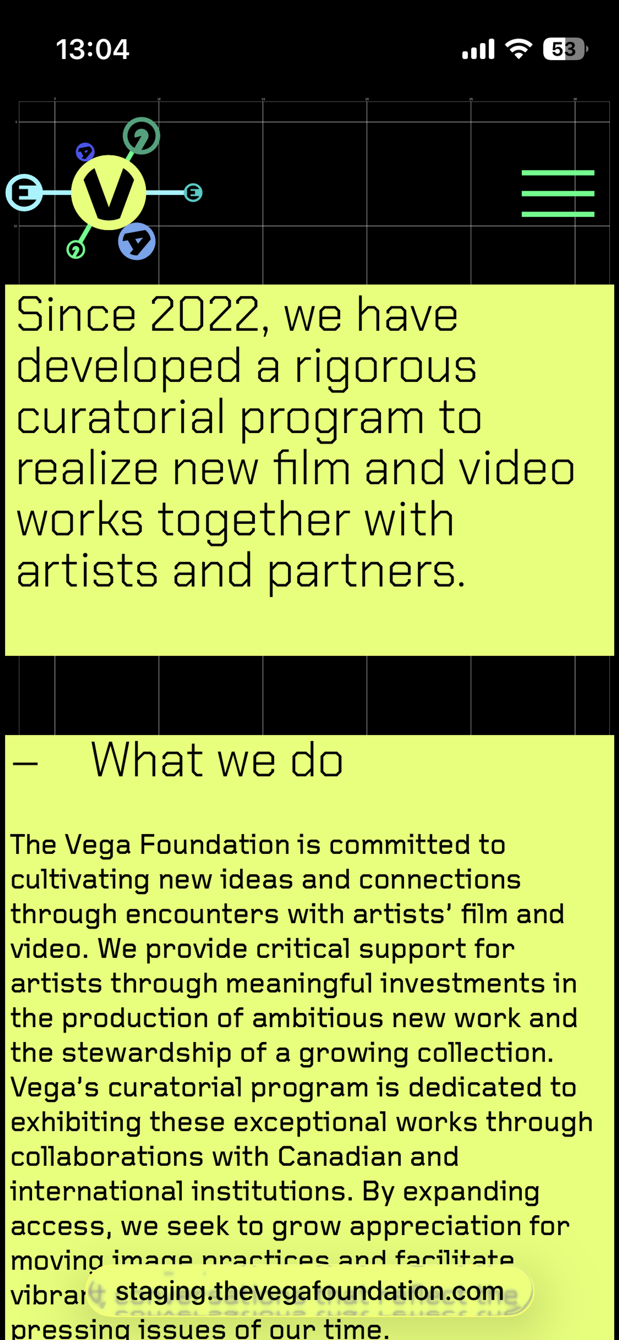 Mobile screenshot of Vega Foundation about page, featuring marquee text in yellow color block against black background