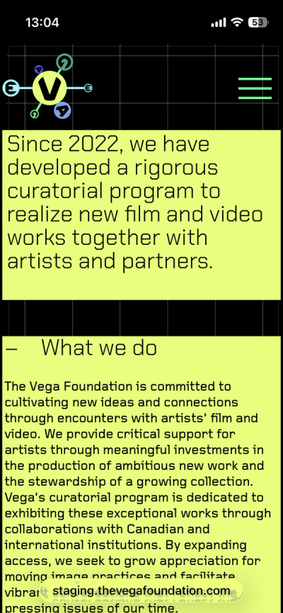 Mobile screenshot of Vega Foundation about page, featuring marquee text in yellow color block against black background