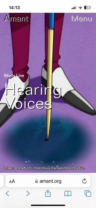 Screenshot of a webpage on amant.org in mobile view, featuring a large purple image with cartoonish figure; text in overlay reads "Hearing Voices"