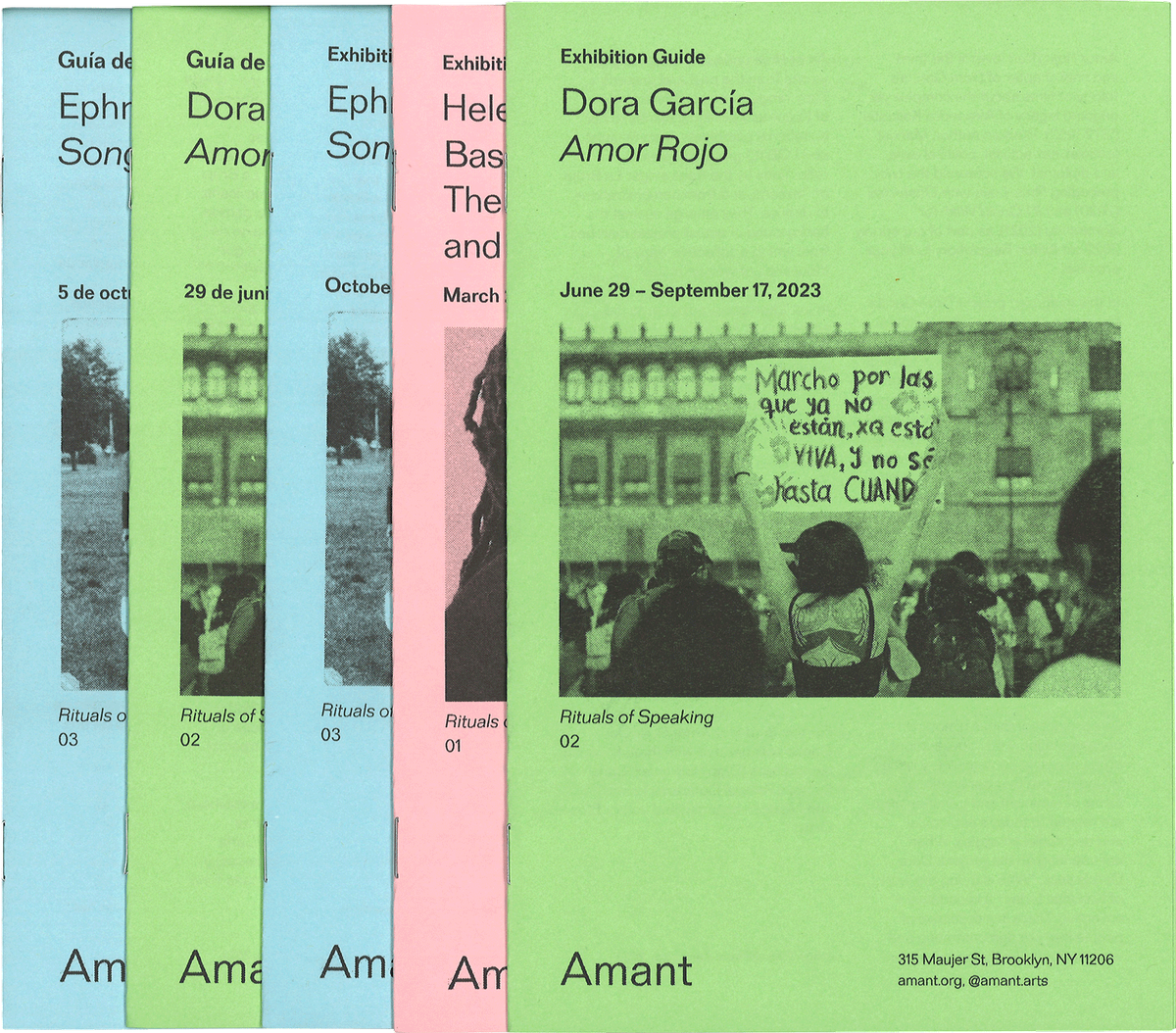 Covers of five exhibition brochures for various Amant exhibitions, two are light blue, two are light green, one is pink. Each features a black and white image and the exhibition title in black print. Some are in English, some are in Spanish