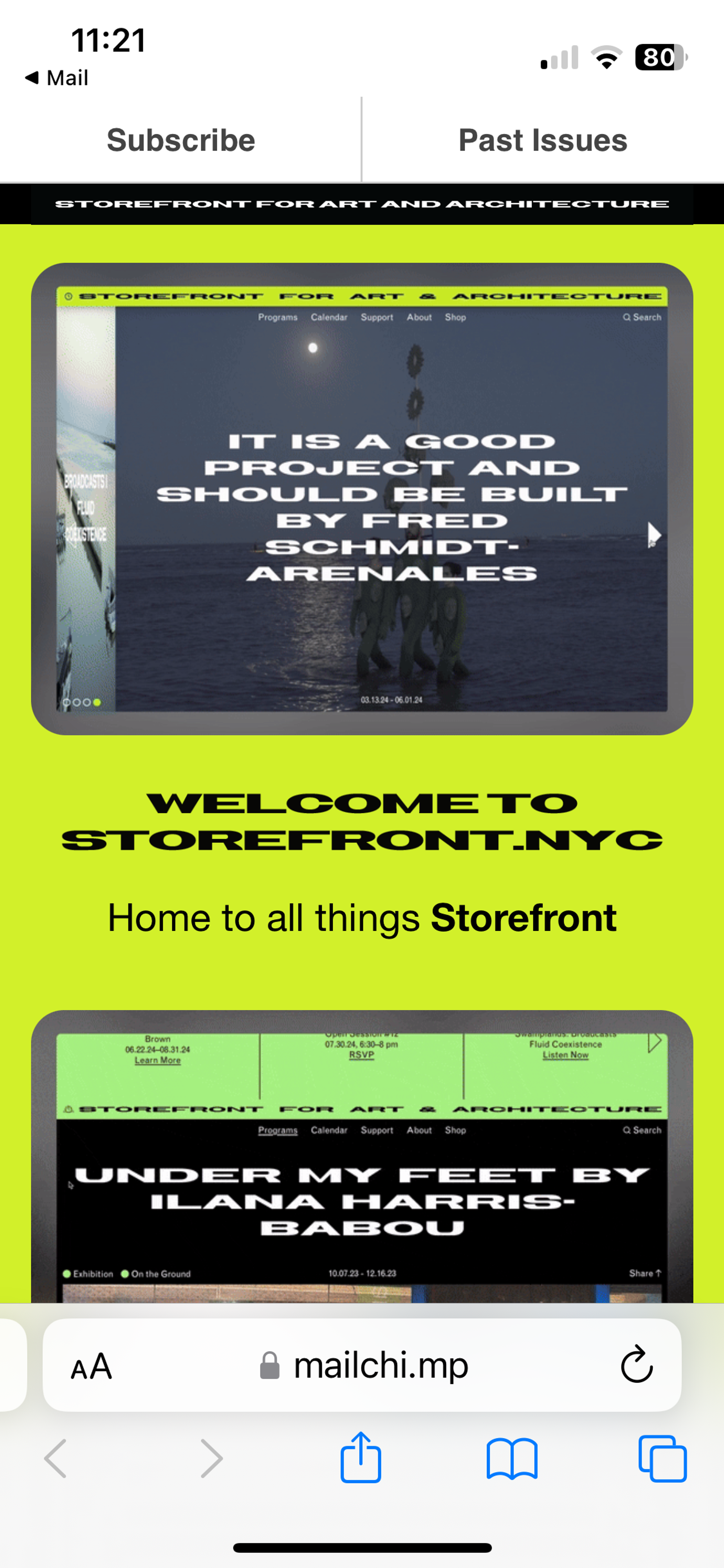 Mobile view of a Storefront newsletter announcing the new Storefront.nyc website, black all caps type on green background.