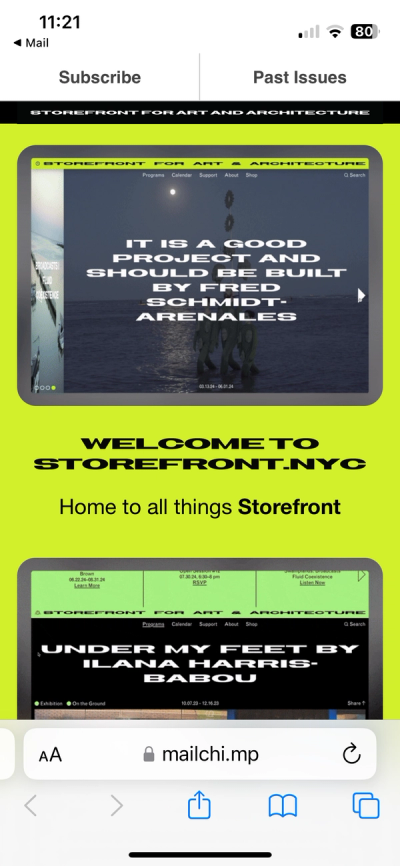 Mobile view of a Storefront newsletter announcing the new Storefront.nyc website, black all caps type on green background.