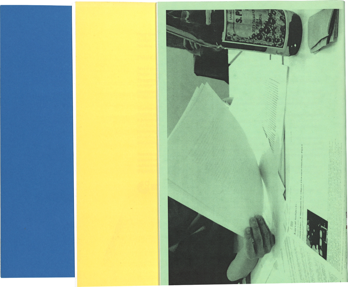 Scan of the backs of three booklets slightly overlapping each other; left booklet is blue, middle one is bright yellow, right one is light green with a black and white photo of a hand holding papers.