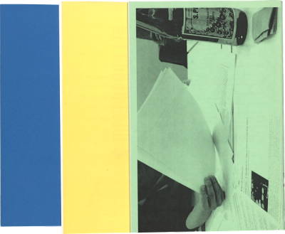 Scan of the backs of three booklets slightly overlapping each other; left booklet is blue, middle one is bright yellow, right one is light green with a black and white photo of a hand holding papers.