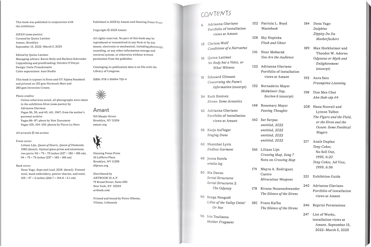 Scan of an interior spread of a book, on the left page is the colophon, on the right page, laid out over three columns is the table of contents. All type is in black on white page.  