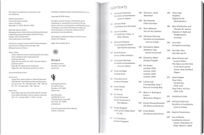 Scan of an interior spread of a book, on the left page is the colophon, on the right page, laid out over three columns is the table of contents. All type is in black on white page.  