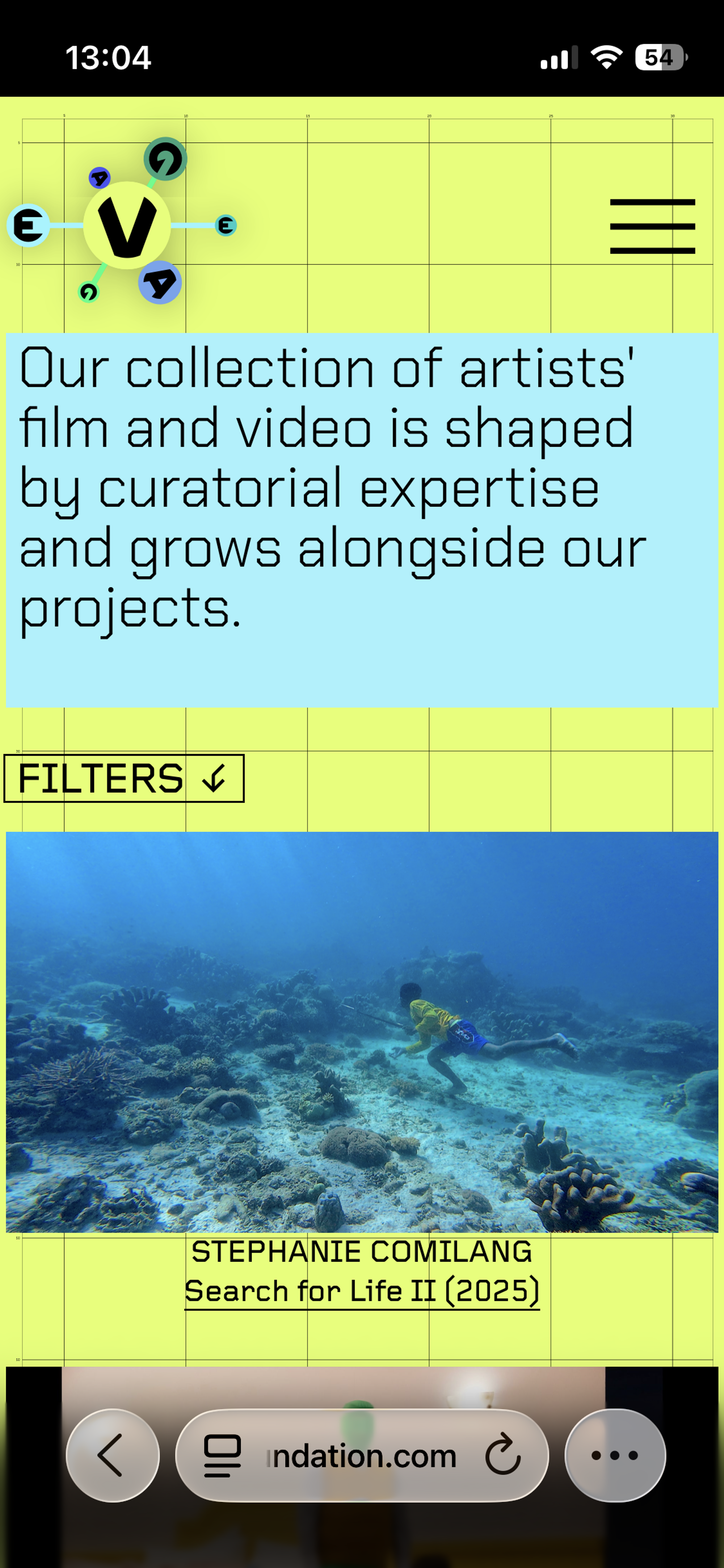 Mobile screenshot of Vega Foundation collection page, featuring marquee text in light blue color against bright yellow background with still of a video below