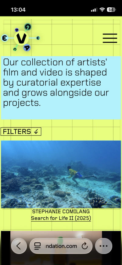 Mobile screenshot of Vega Foundation collection page, featuring marquee text in light blue color against bright yellow background with still of a video below