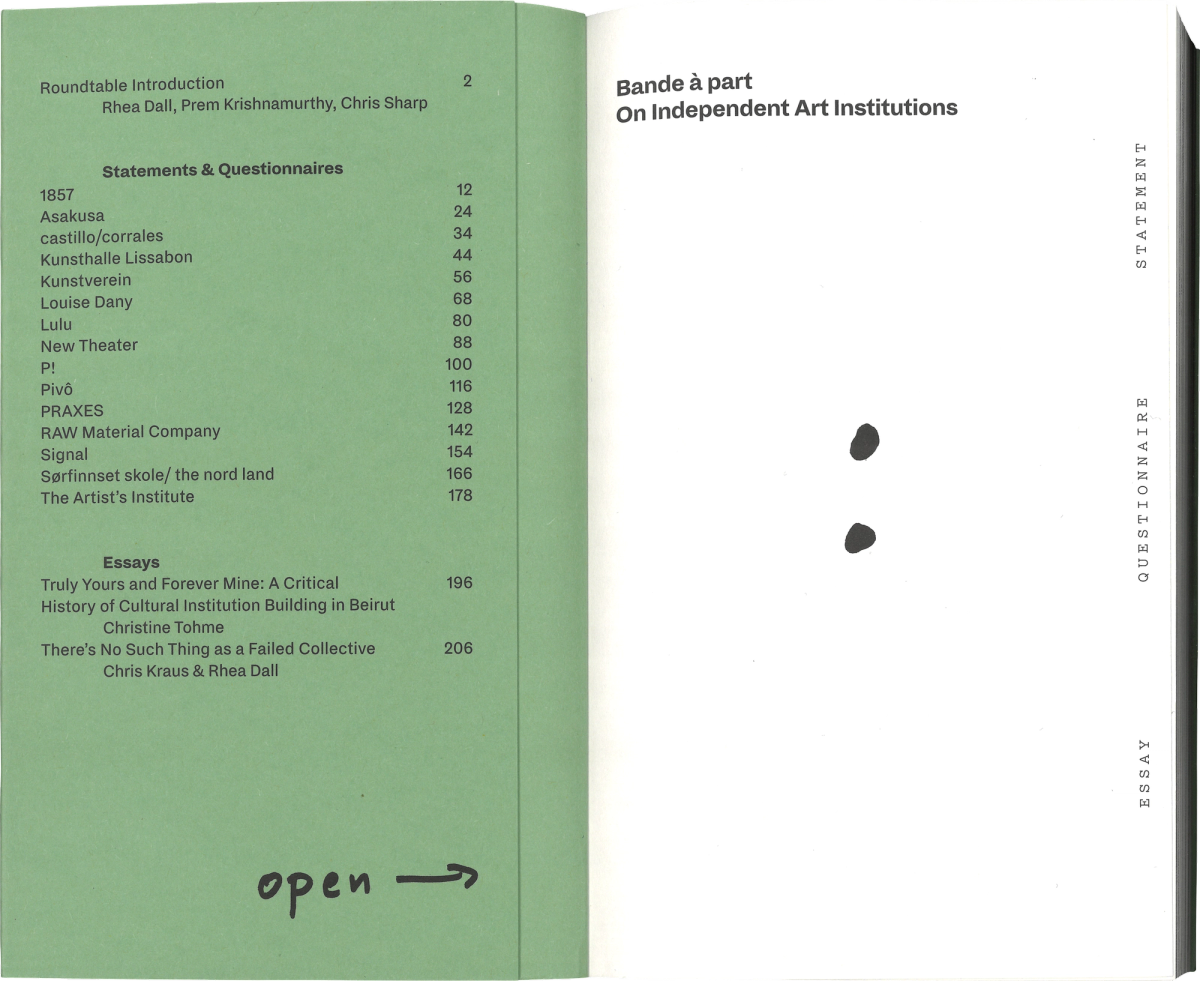 Scan of the interior of the front cover and title page, left side is green, right side is white. On the green side is the table of contents in black type. On the right side in the middle of the page is a large handwritten colon, the title is on the top part of the page in black print. 