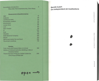 Scan of the interior of the front cover and title page, left side is green, right side is white. On the green side is the table of contents in black type. On the right side in the middle of the page is a large handwritten colon, the title is on the top part of the page in black print. 