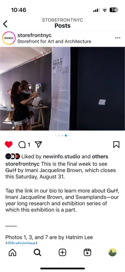 Mobile view of an Instagram grid post announcing the final days of Imani Jacqueline Brown’s exhibition, featuring an image of two people visiting the gallery space 