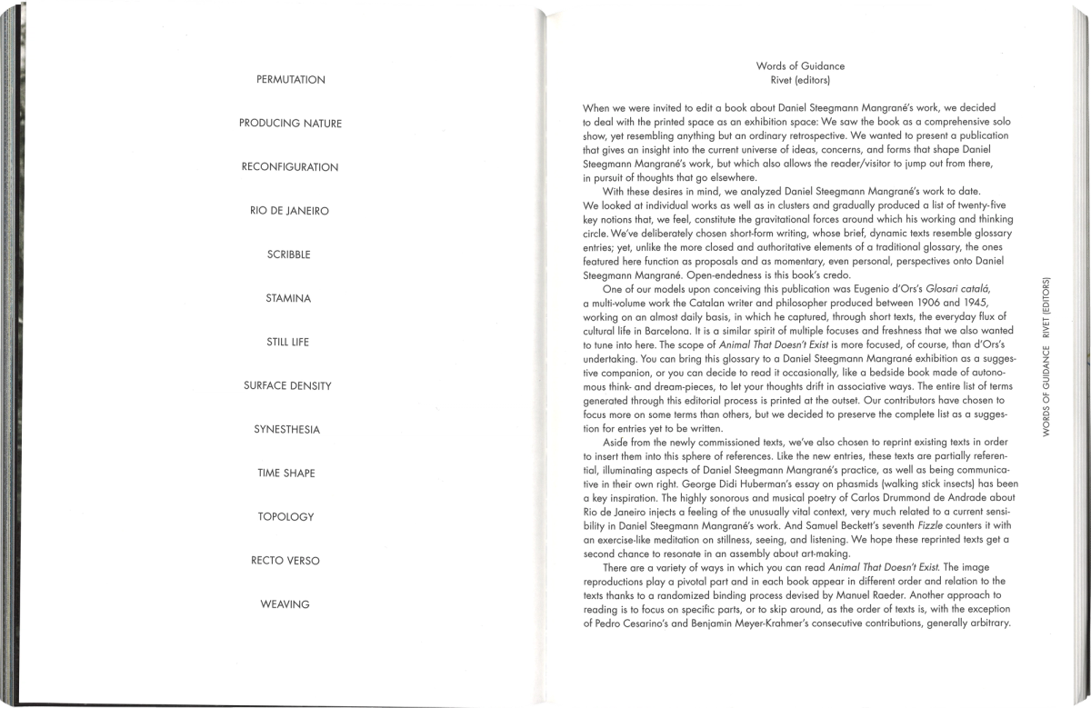 Scan of a book spread. On the left page a list of 13 words, set in capitals in black on a white background. On the right side is the editorial introduction, set in black type.