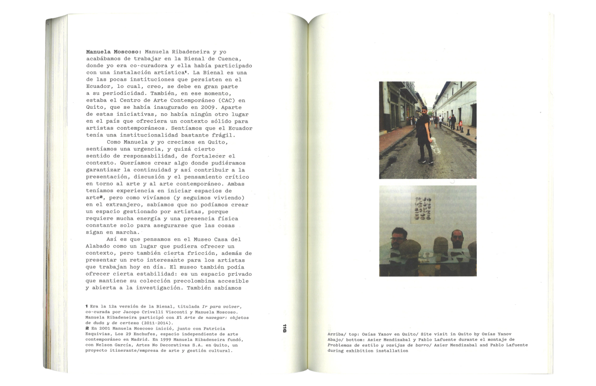 Scan of a spread, Spanish text on left page in black ink on white page, typewriter typeface. Two stacked images on the right spread.