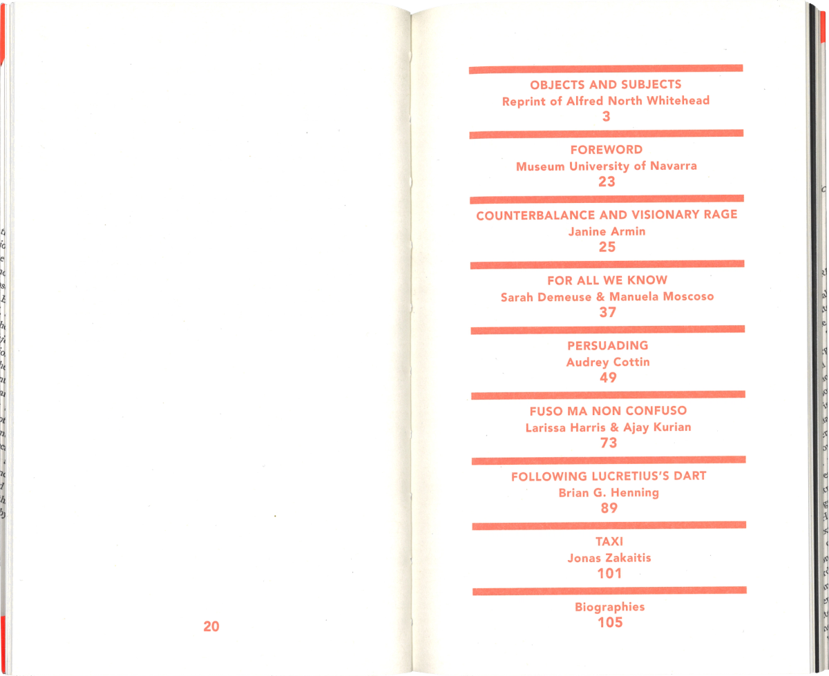 Scan of a book spread. Page on the left is left white, page on the right is orange text on white, stating titles of contents, authors, and page numbers