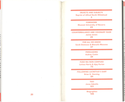 Scan of a book spread. Page on the left is left white, page on the right is orange text on white, stating titles of contents, authors, and page numbers