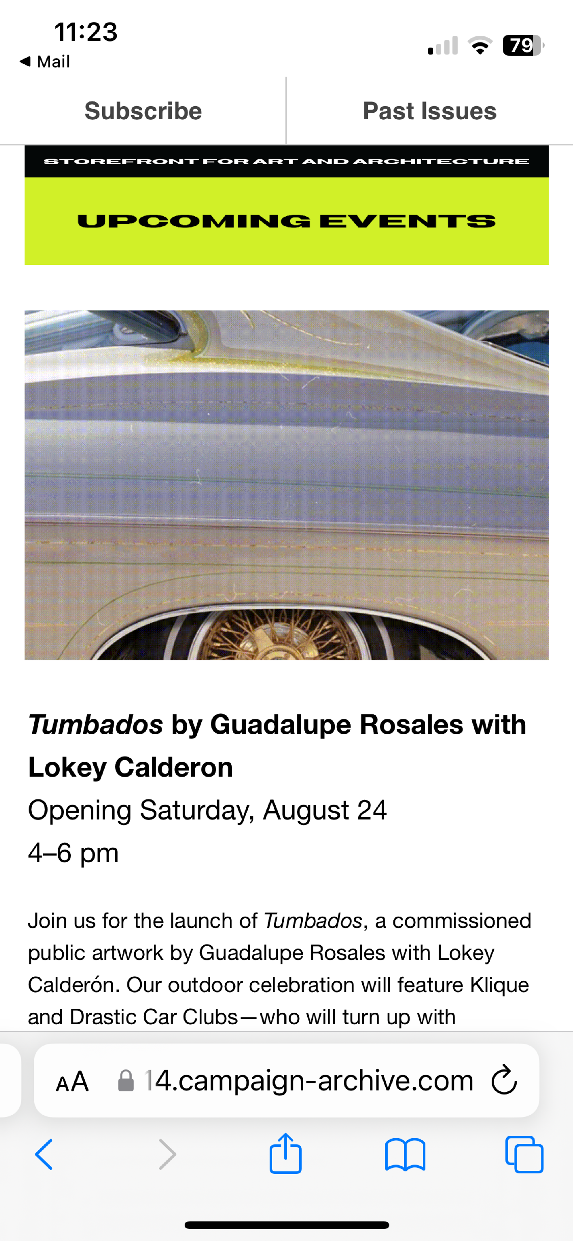 Screenshot of a miobile view of the Storefront website featuring banner image and exhibition text of "Tumbados"