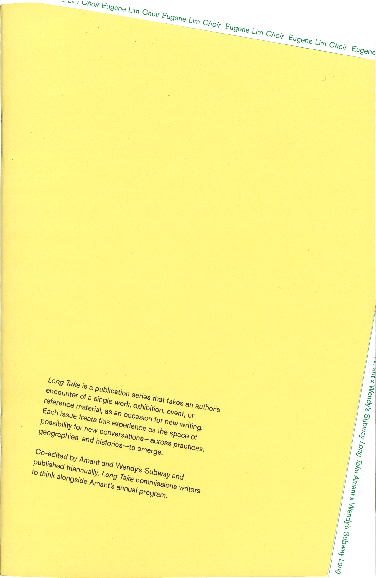 Scan of a booklet, bright yellow cover with diagonal cut on the top and the right bottom. Short black text on the yellow part. Diagonal cut parts show white page underneath with green text along the edges. 