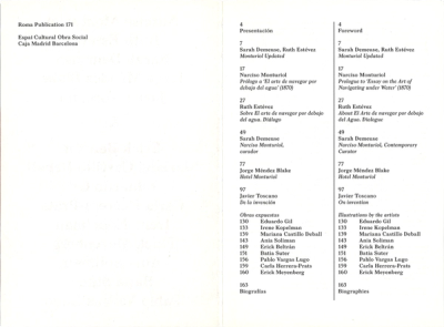 Black and white scan of an interior spread of a book. Left page features publisher information in right hand top area, the rest is blank. Left page features a bilingual table of contents, left column in English, right column in Spanish