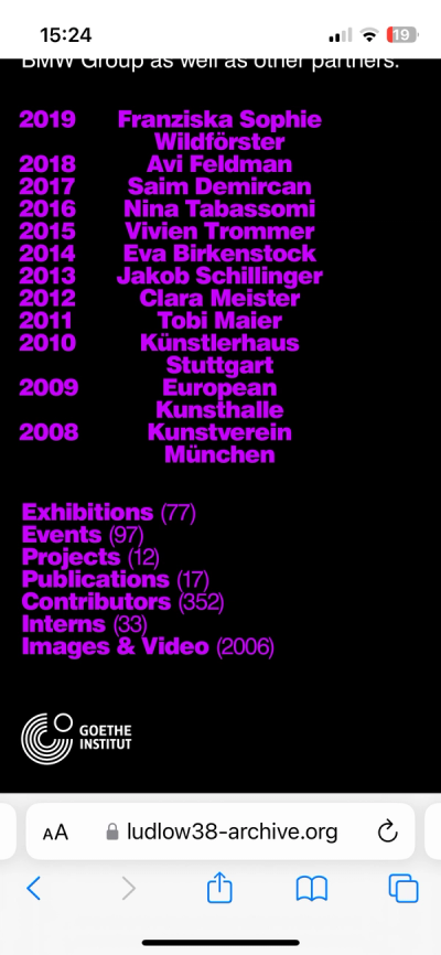 Mobile screenshot of a website, black background with fuchsia text in sanserif typeface, listing years and names, below an index with keywords