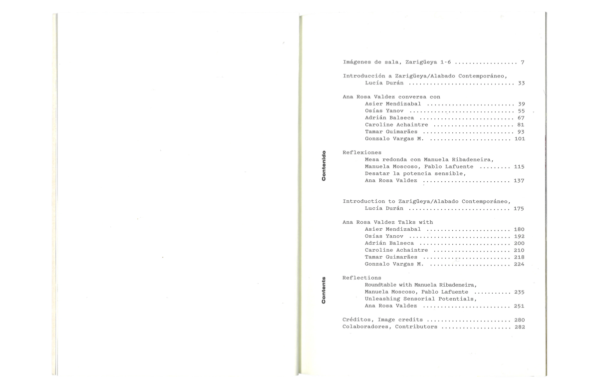 Scan of a spread, black ink on white page, typewriter typeface. Bilingual table of content on right spread. Spanish on top half, English on bottom half of page.