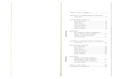 Scan of a spread, black ink on white page, typewriter typeface. Bilingual table of content on right spread. Spanish on top half, English on bottom half of page.