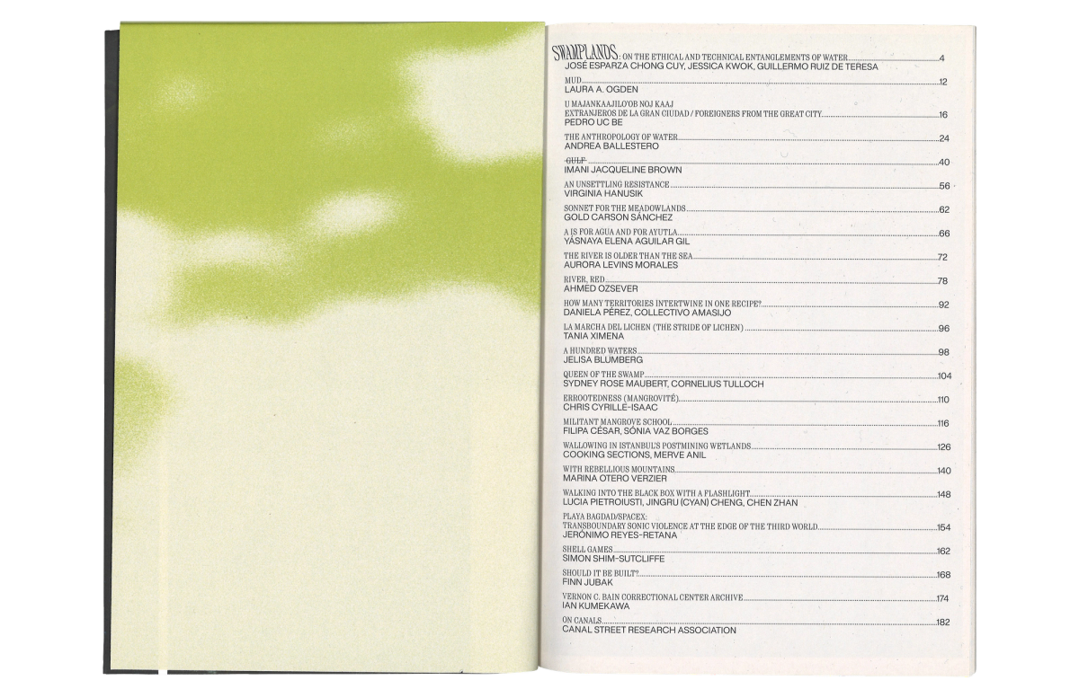 Scan of book spread featuring full table of contents on the right side.  On the left side is a dark green, swamplike pattern. Unbleached paper, black type.