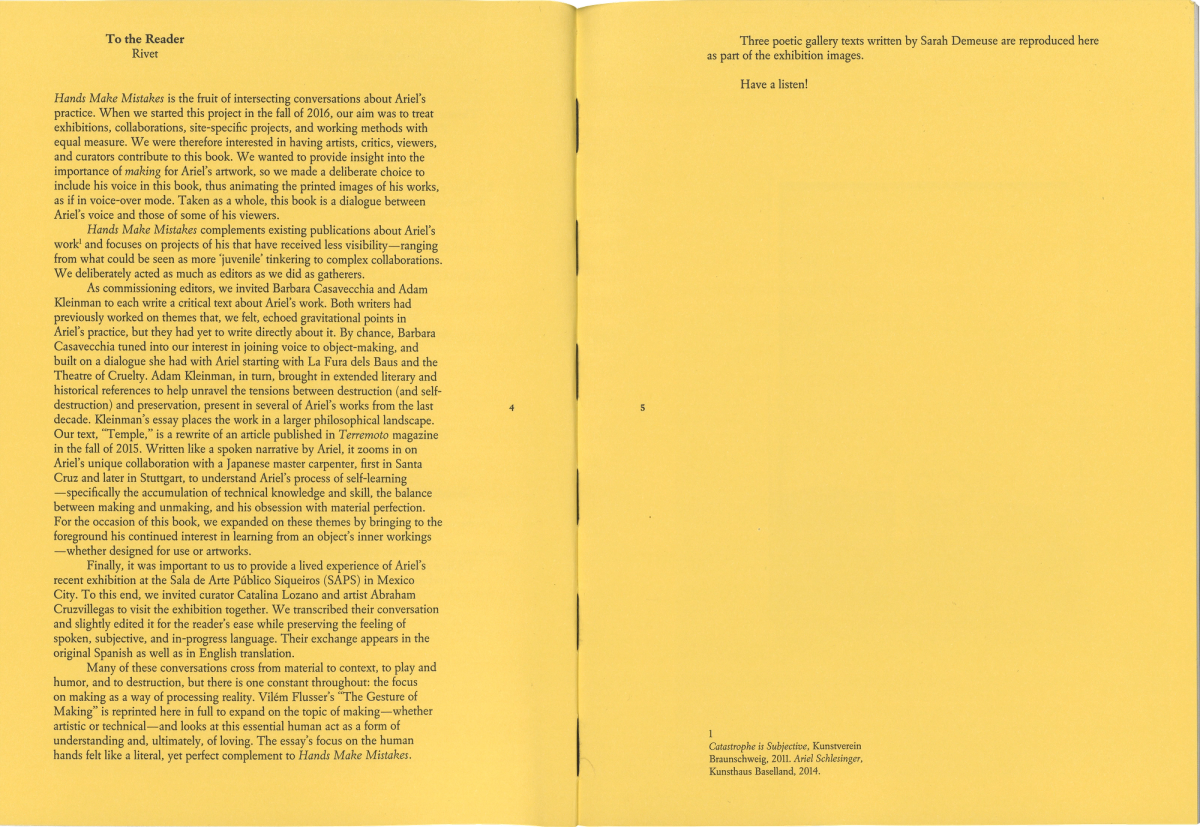 Scan of a book spread, yellow pages with editorial foreword set in black type. Left page features most of the text, right side features three lines of text on the top and a footnote on the bottom.