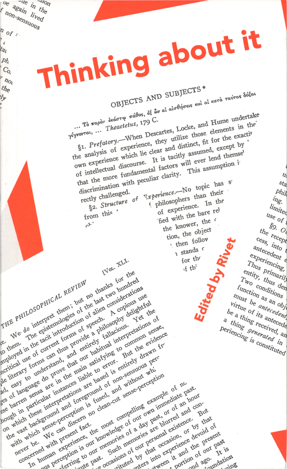 Scan of a cover of a paperback book. The title is set in bright orange and is overlaid over diagonal pages of black and white photocopies of an essay. 