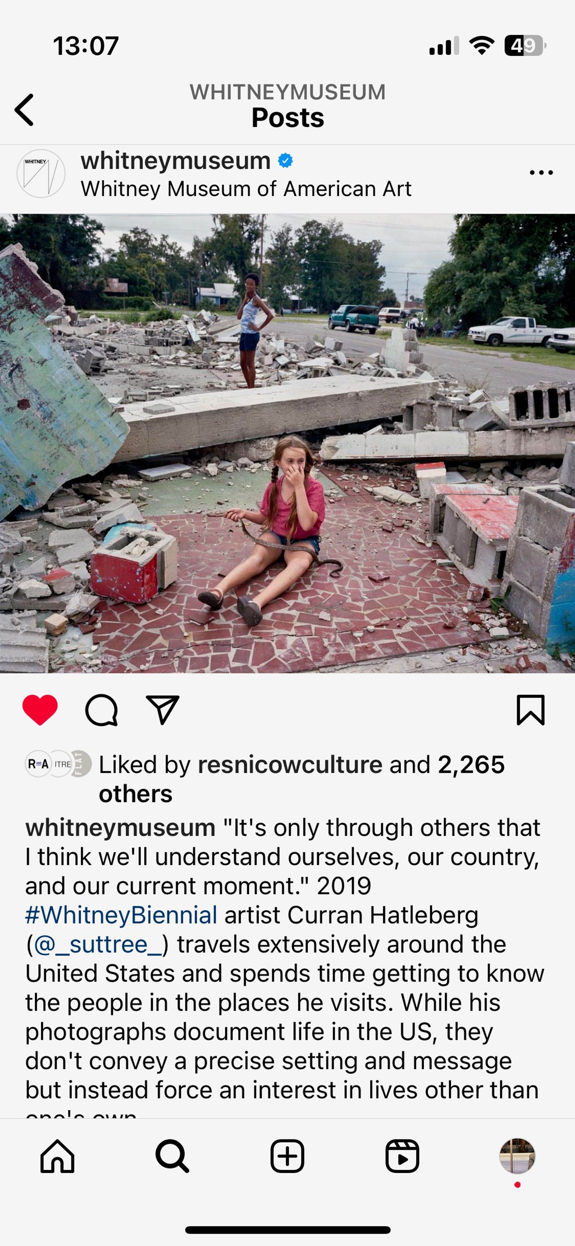 Screenshot of an Instagram post about a photograph featuring a child in a storm-ravaged environment. 