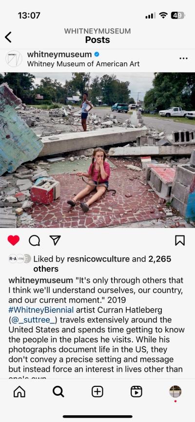 Screenshot of an Instagram post about a photograph featuring a child in a storm-ravaged environment. 