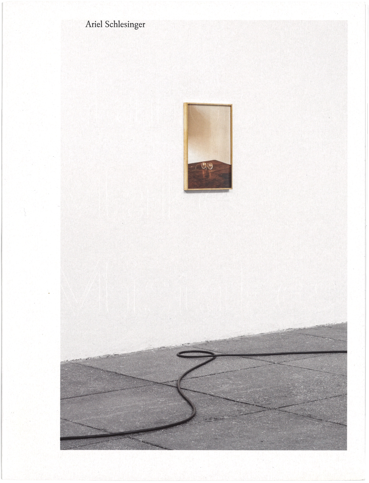 Scan of the front cover of a book. White background with a color photo of an art exhibition view featuring a framed photograph on a white wall and an electrical cord on the grey ground.