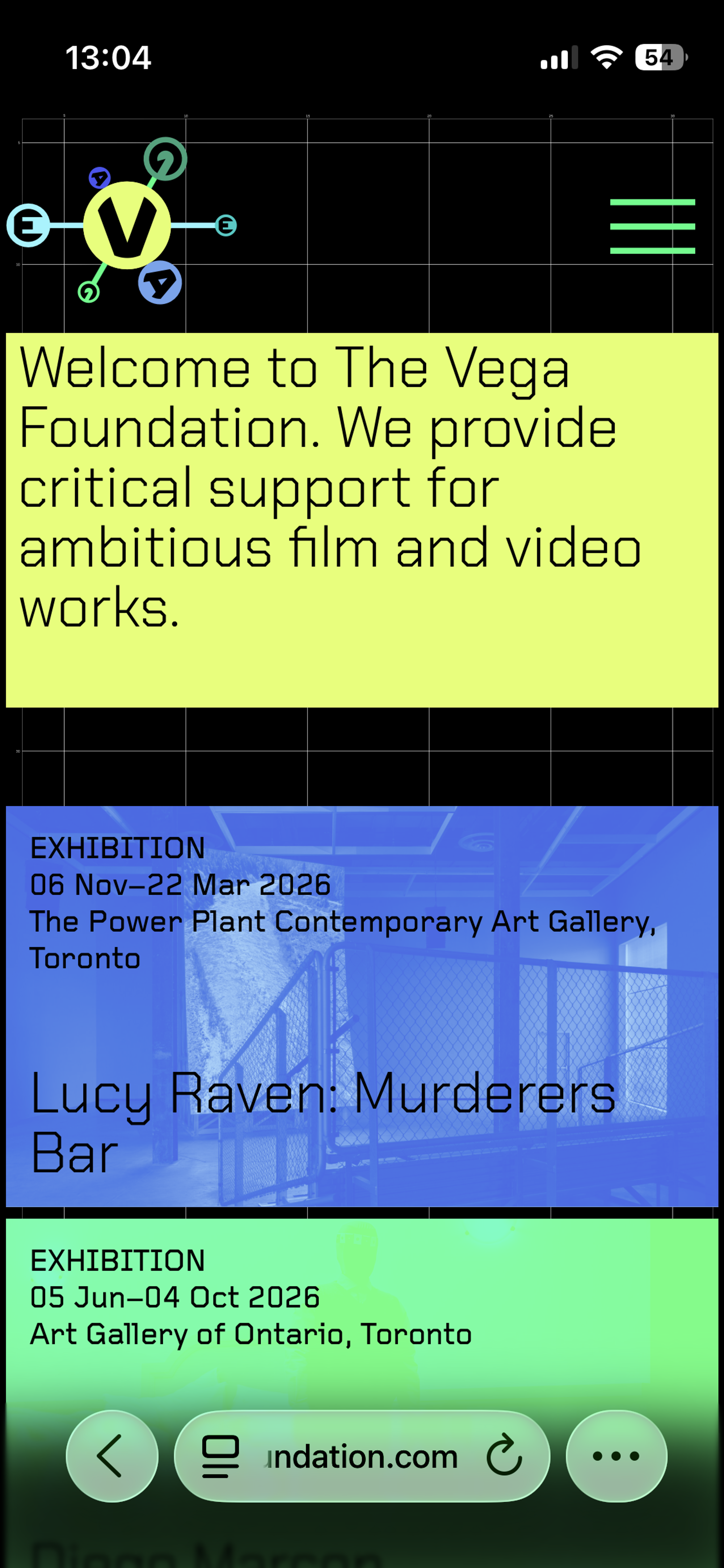 Mobile screenshot of Vega Foundation home page, featuring marquee text in yellow color block against a black background with a blue and a green color block below