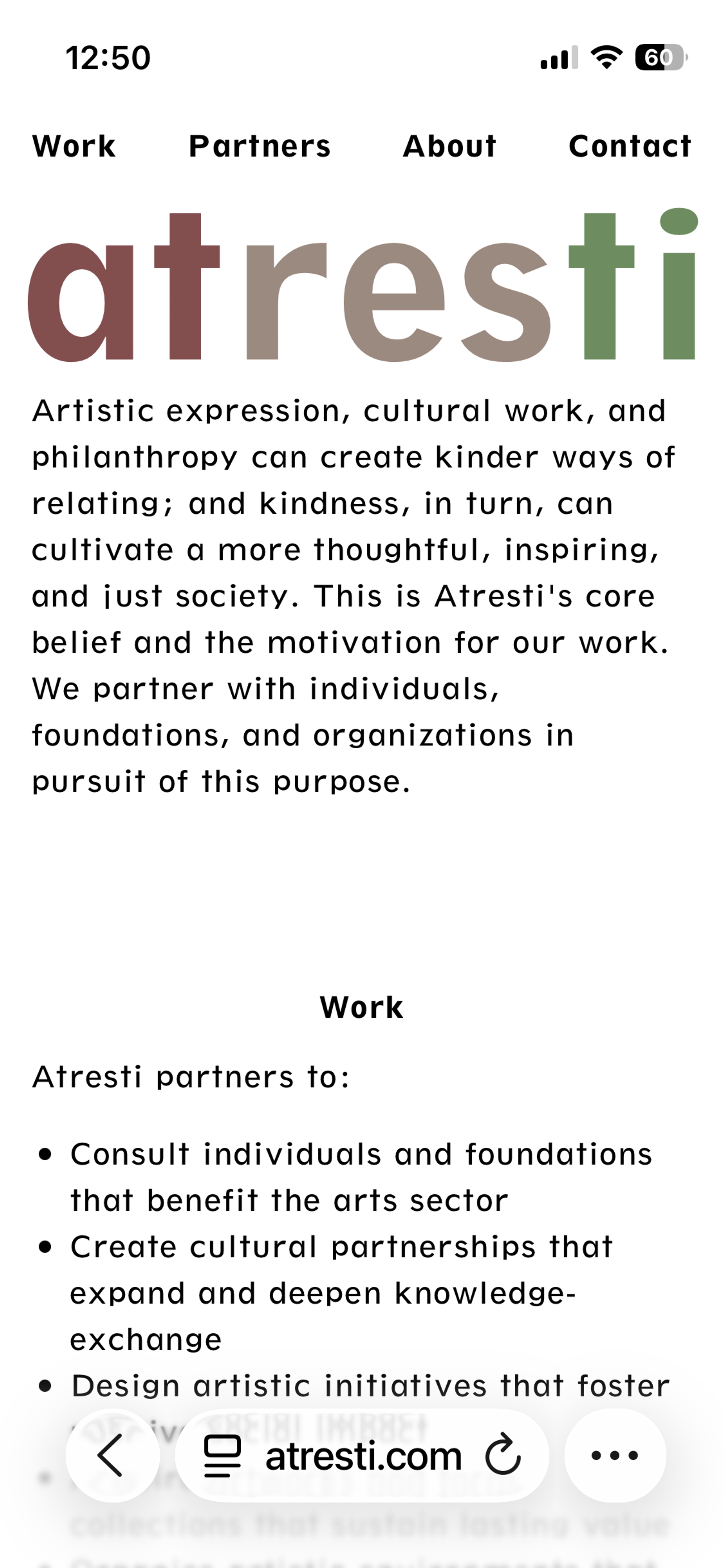 screenshot of the atresti home page on desktop, black text on white background with colorful logo