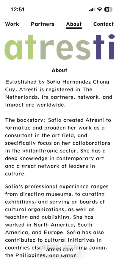 screenshot of the about section on mobile atresti home page, black text on white background with colorful logo