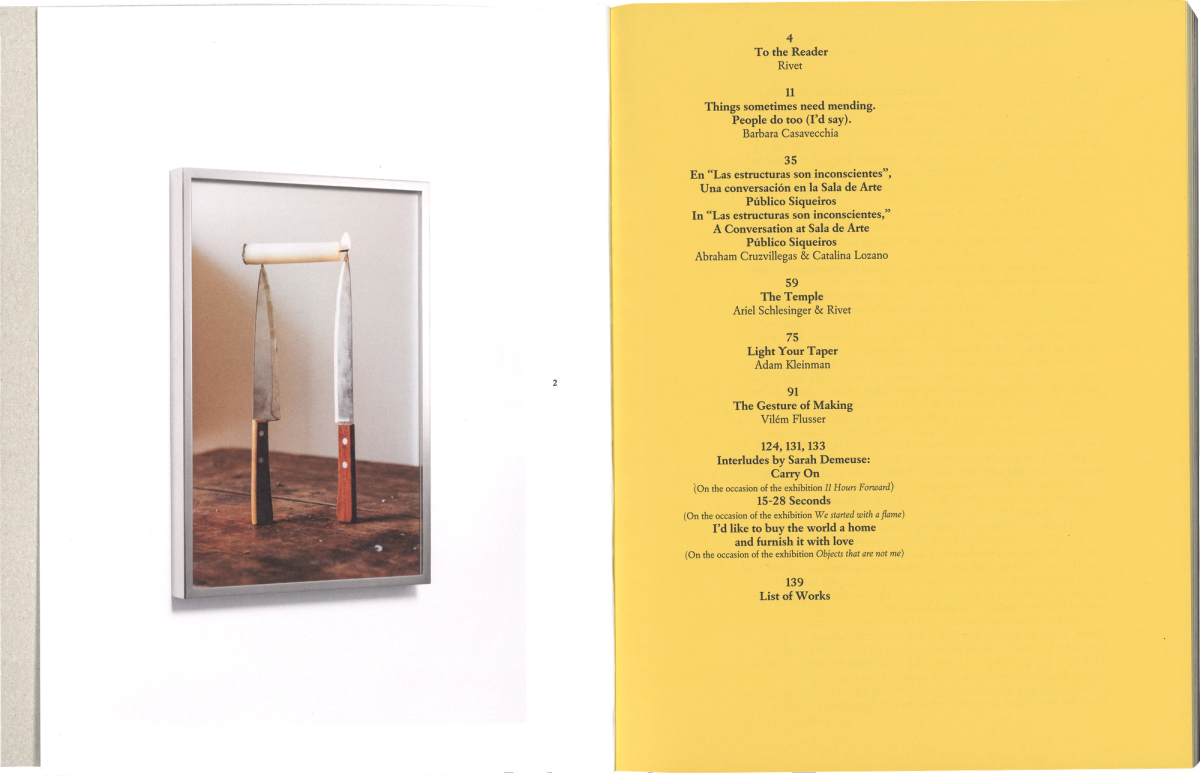 Scan of a book spread. On the left page an image features a framed artwork on a white wall, on the right side is a yellow page with black text listing table of contents.