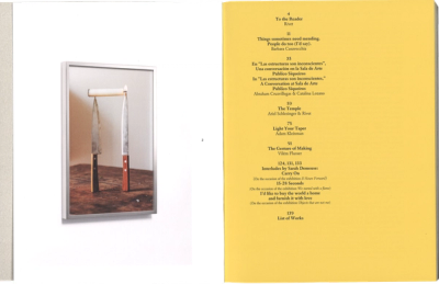 Scan of a book spread. On the left page an image features a framed artwork on a white wall, on the right side is a yellow page with black text listing table of contents.