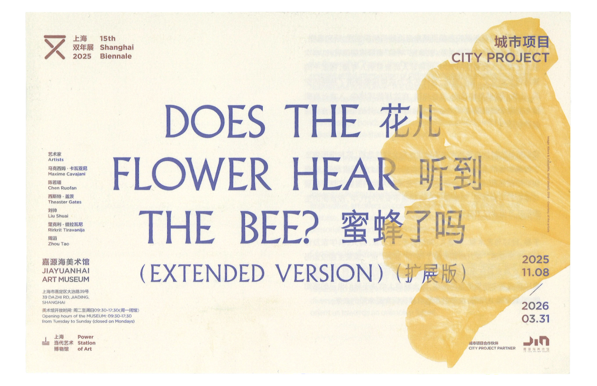 Scan of cover of off-site exhibition brochure, yellow trumpet flower petal, navy blue text in English and simplified Chinese. Landscape orientation.