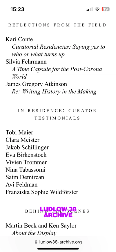 Mobile screenshot of a website, page layout resembles a book’s table of contents, black text in serif typeface, centered, on white background