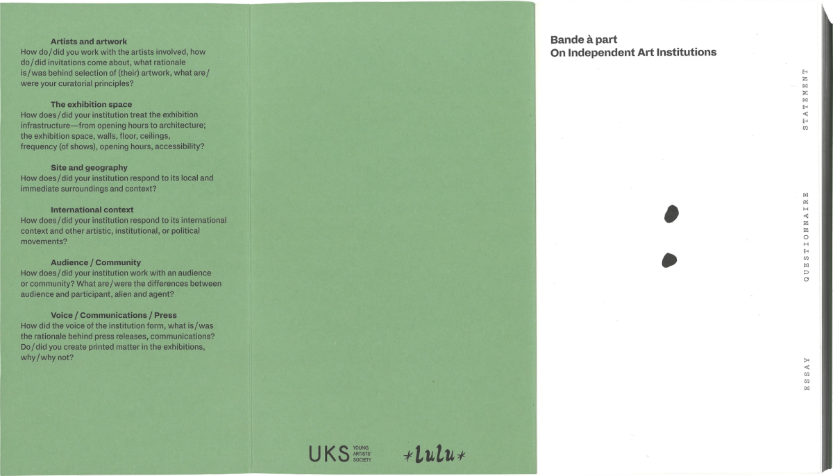 Scan of the interior of the front cover and title page, three panels: left side and center are green, right side is white. On the left green side is a list of five questions, middle side has logos of publishers, on the right side in the middle of the page is a large handwritten colon, the title is on the top part of the page in black print. 