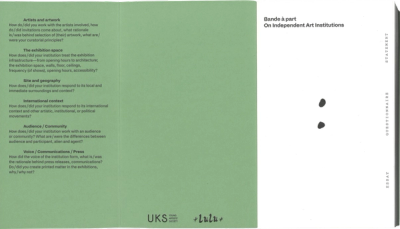 Scan of the interior of the front cover and title page, three panels: left side and center are green, right side is white. On the left green side is a list of five questions, middle side has logos of publishers, on the right side in the middle of the page is a large handwritten colon, the title is on the top part of the page in black print. 