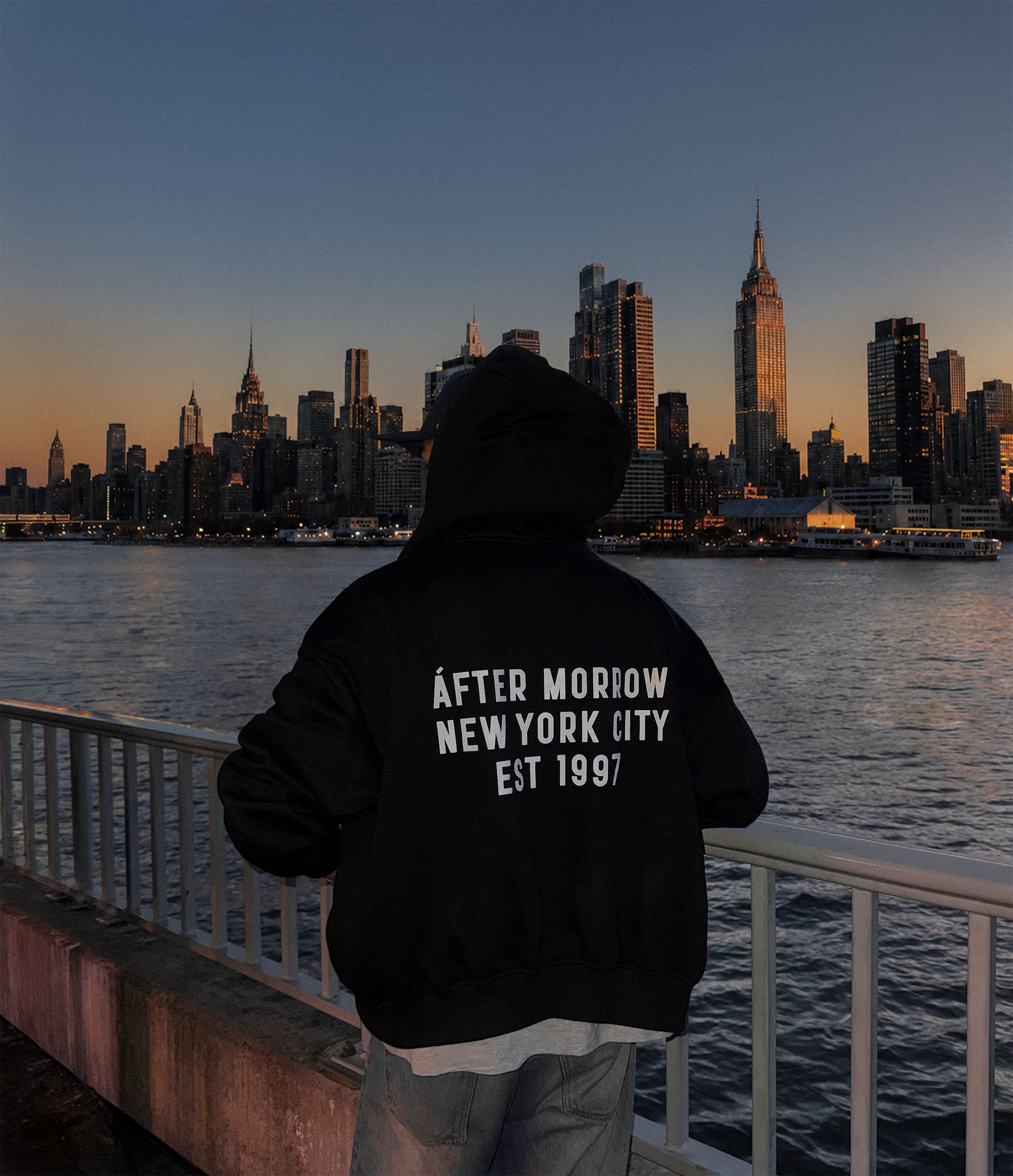 AFTERMORROW Hoodie 1997 against the New York skyline