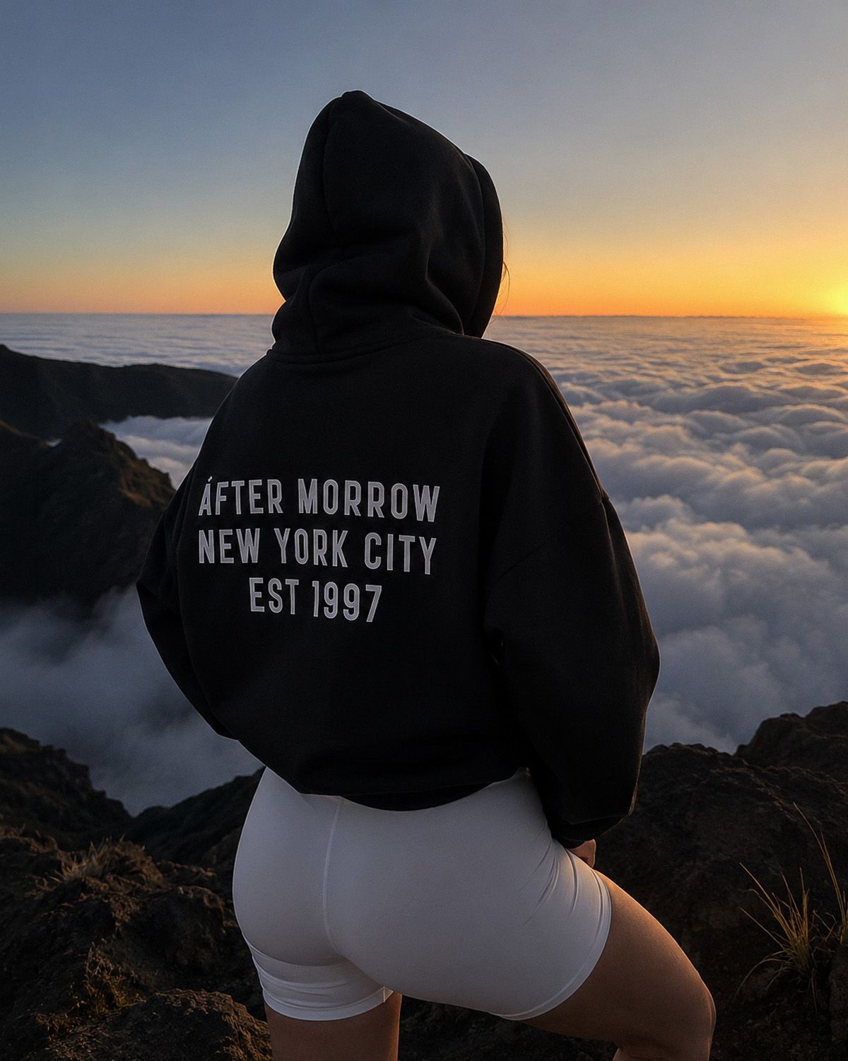 AFTERMORROW community wearing Collection 00 on a city journey