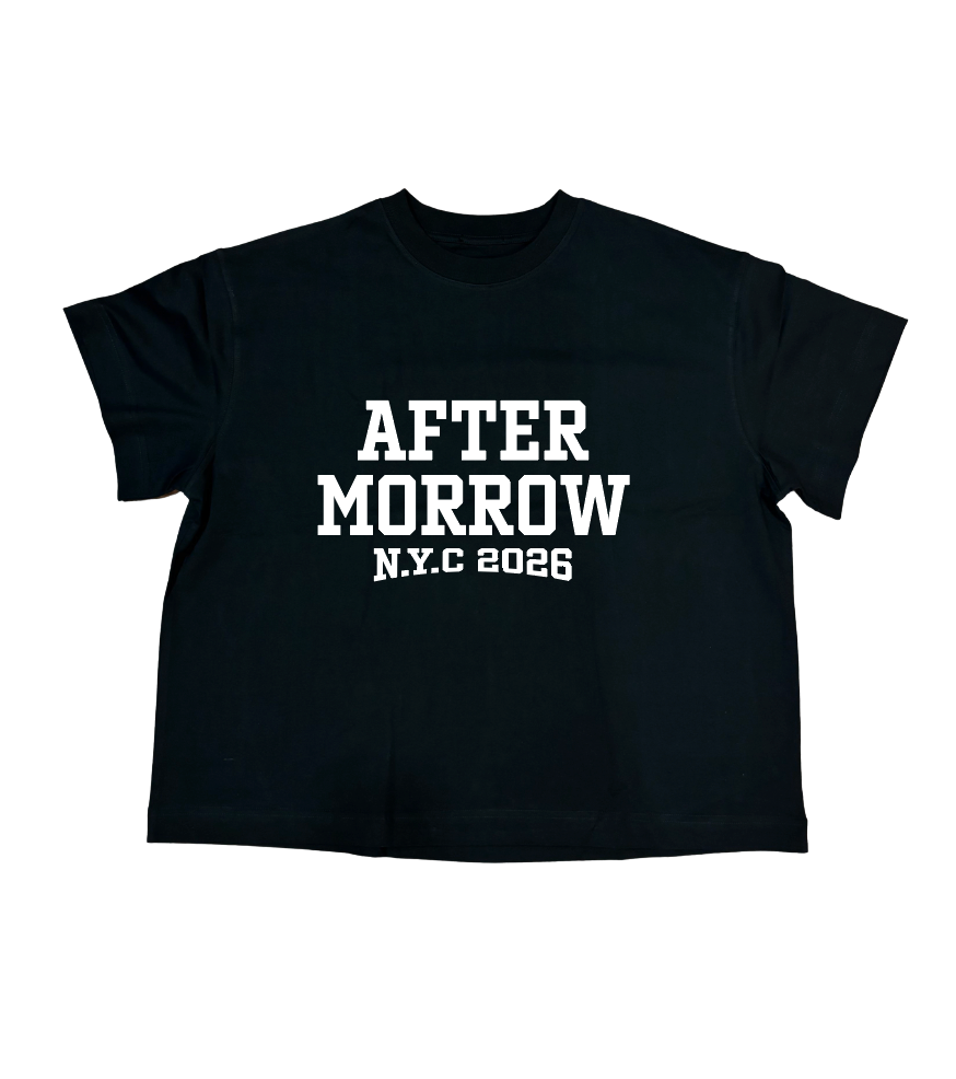 Black AFTERMORROW cotton T-shirt with collegiate New York City graphic