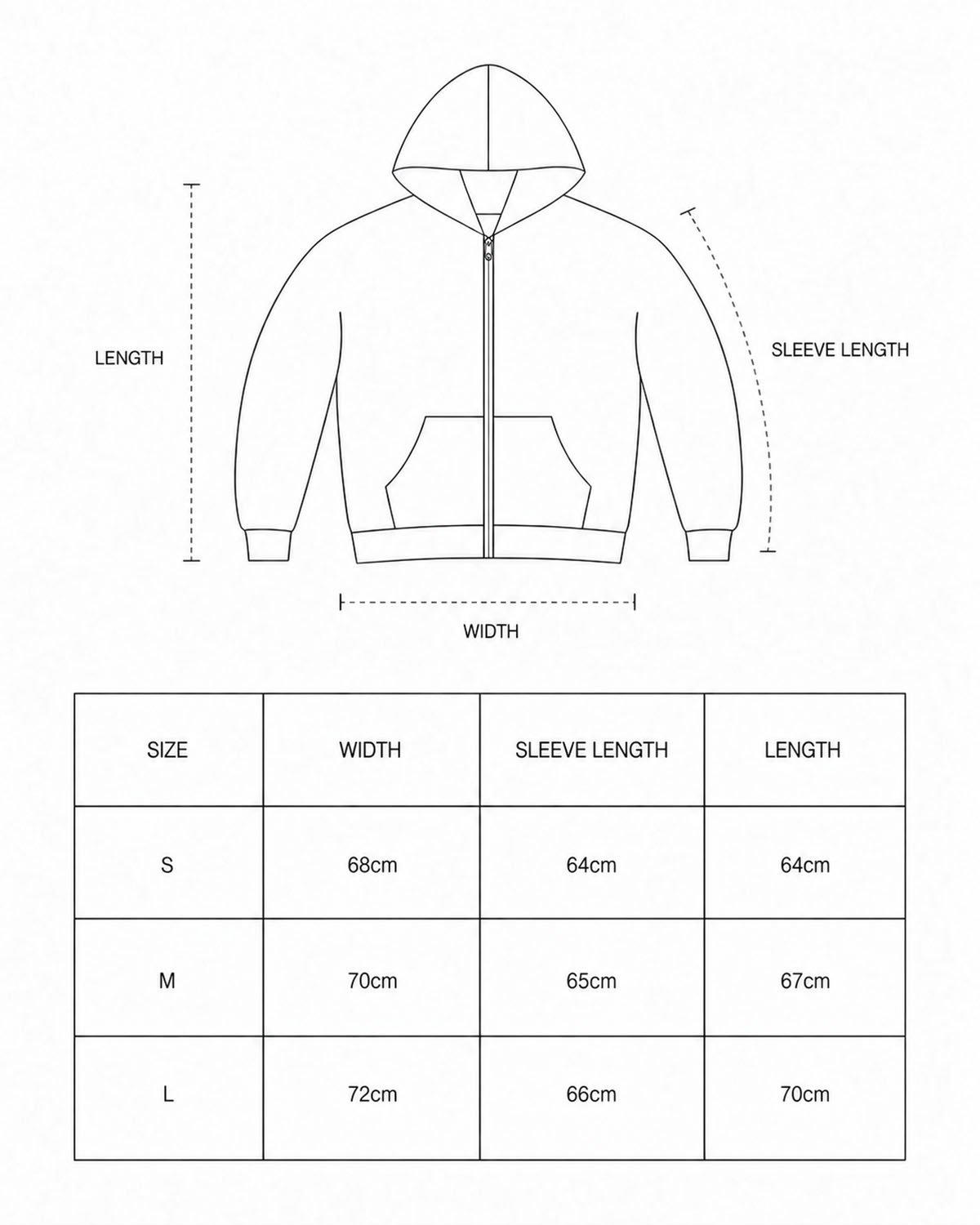 Aftermorrow top size guide with width, sleeve length and length measurements