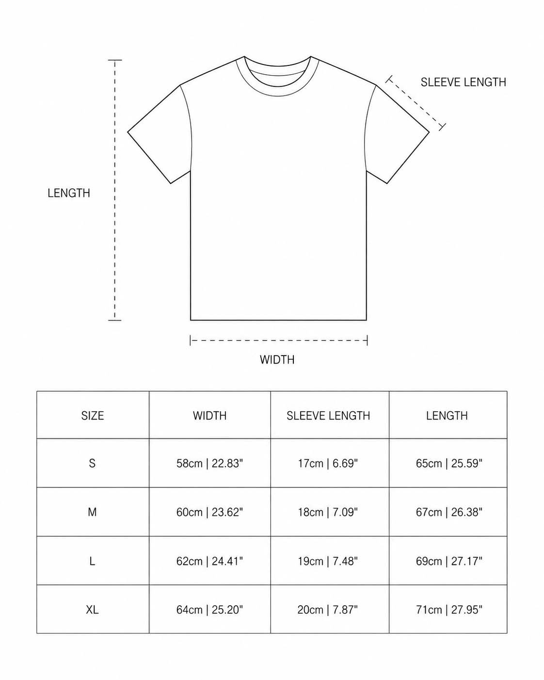 Aftermorrow top size guide with width, sleeve length and length measurements