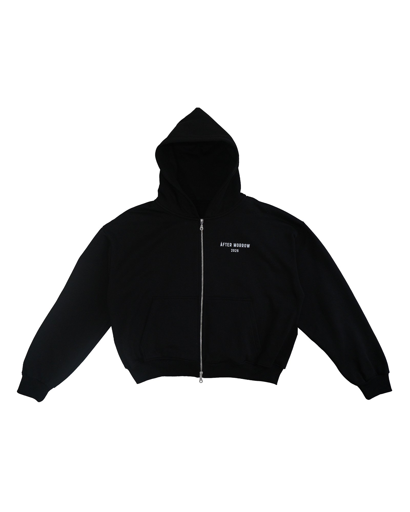 Model wearing the black AFTERMORROW heavyweight zip hoodie from the front