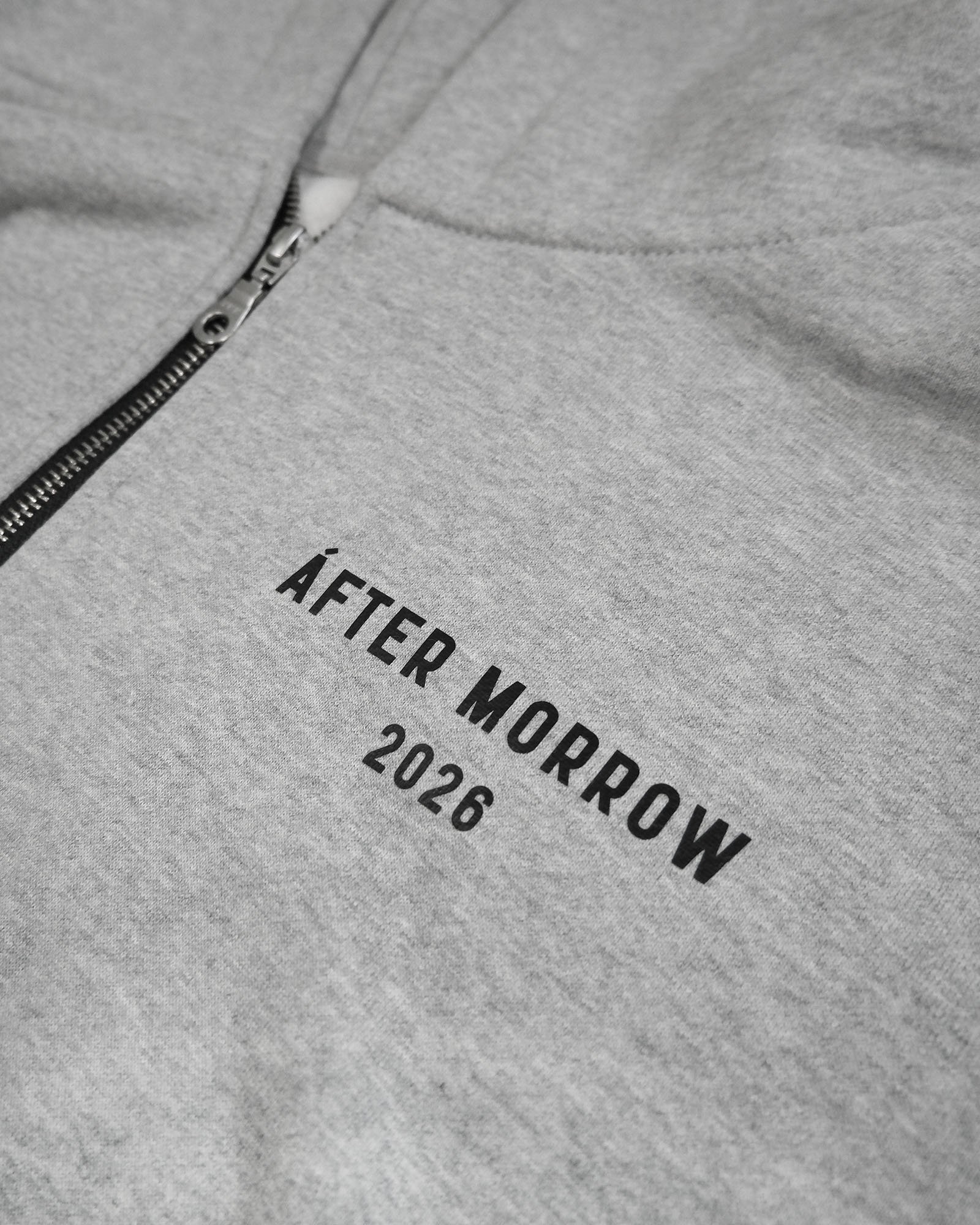 Model wearing the grey AFTERMORROW heavyweight zip hoodie from the front