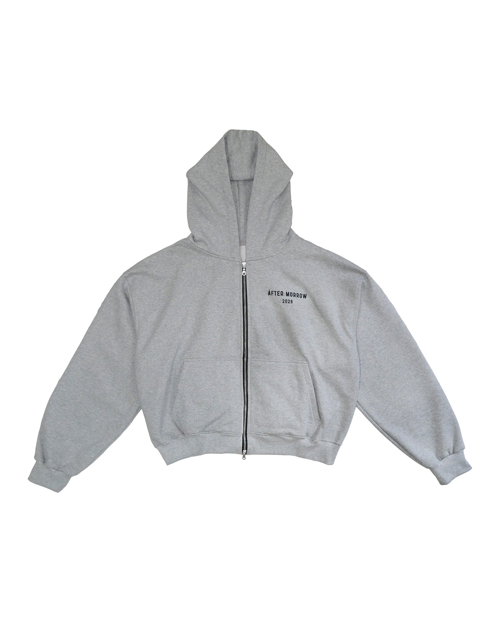 Model wearing the grey AFTERMORROW heavyweight zip hoodie from the front