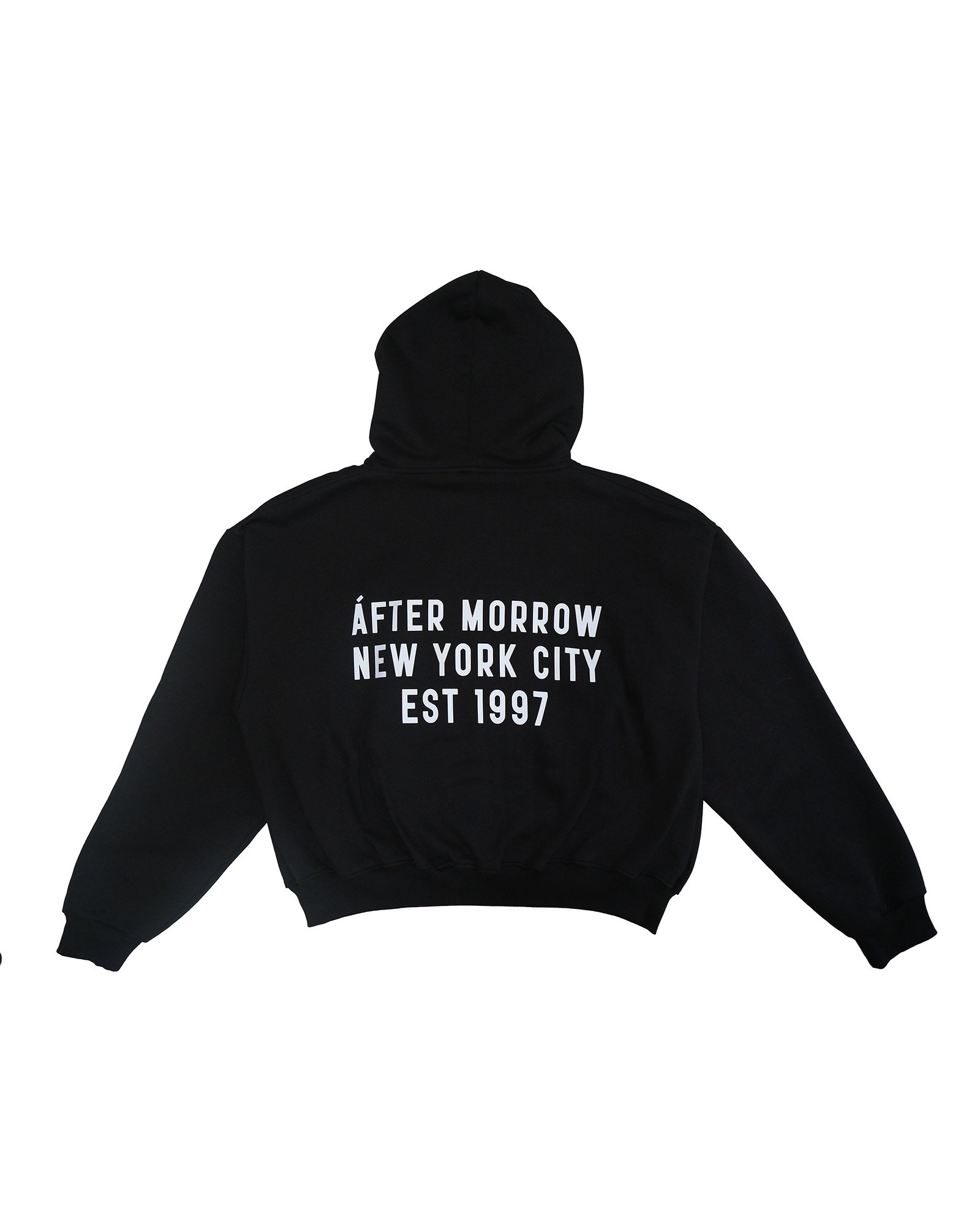 Model wearing the black AFTERMORROW heavyweight zip hoodie from the front