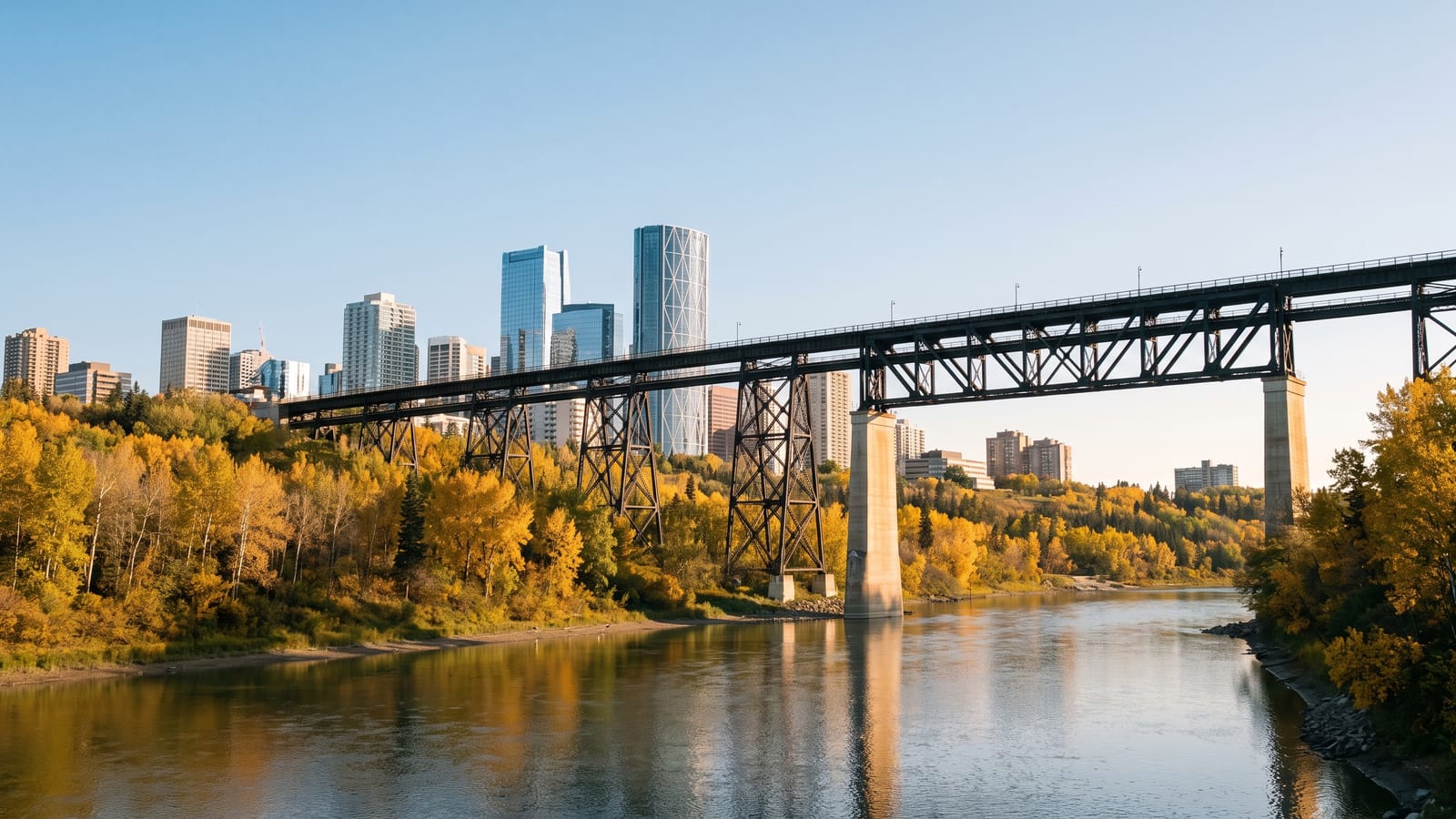 Glass condo towers above the North Saskatchewan River valley in central Edmonton